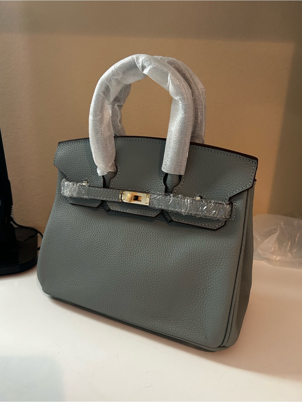 25cm Linen Blue Top Handle Satchel with Gold Toned Hardware